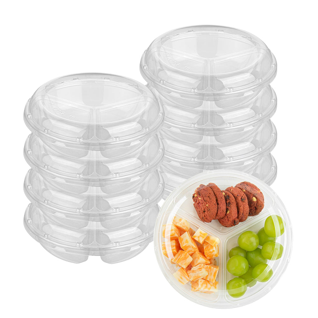 Thermo Tek Round Clear Plastic Serving Platter - with Lid, 3 Compartments - 7 1/2" x 7 1/2" x 2 1/2" - 100 count box