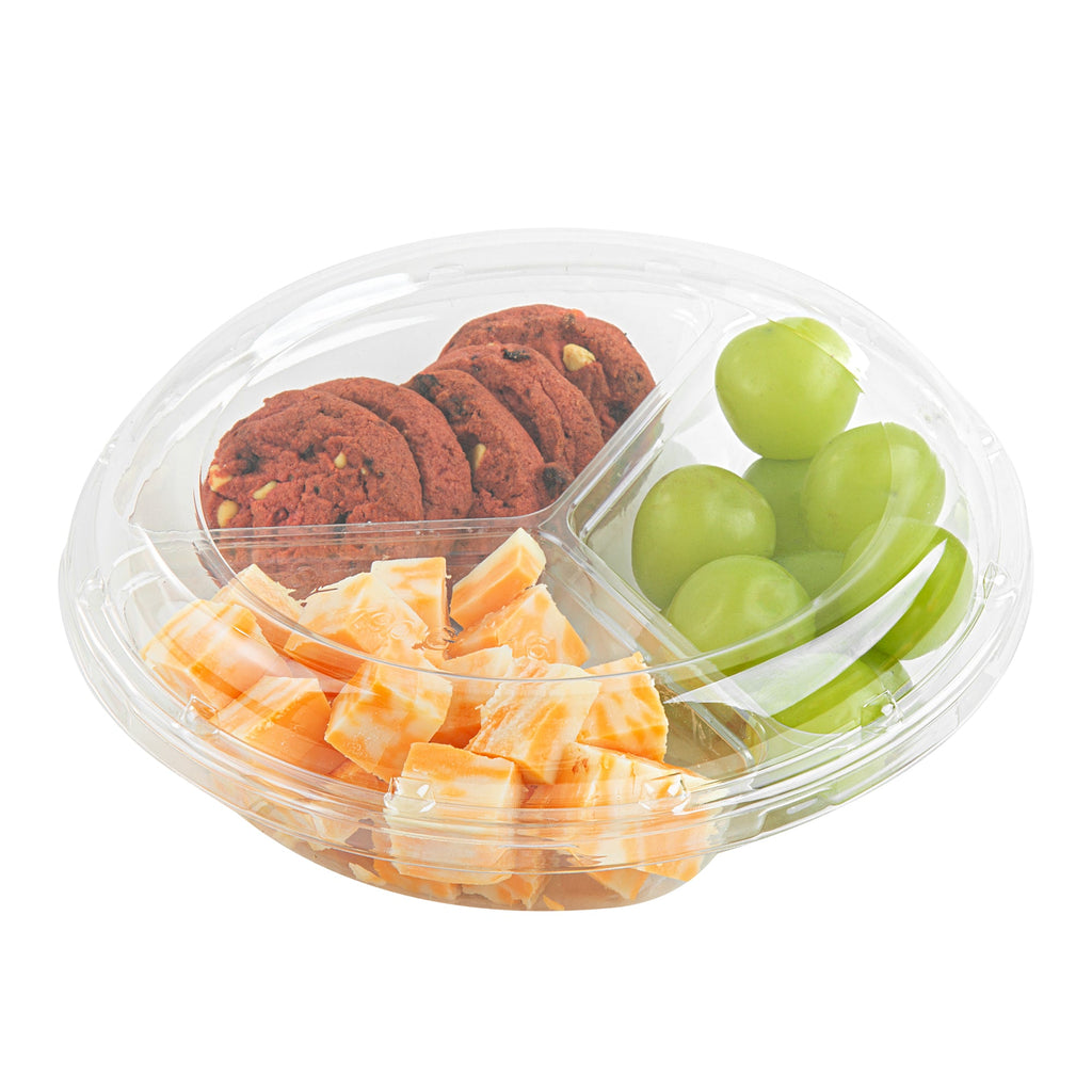 Thermo Tek Round Clear Plastic Serving Platter - with Lid, 3 Compartments - 7 1/2" x 7 1/2" x 2 1/2" - 100 count box