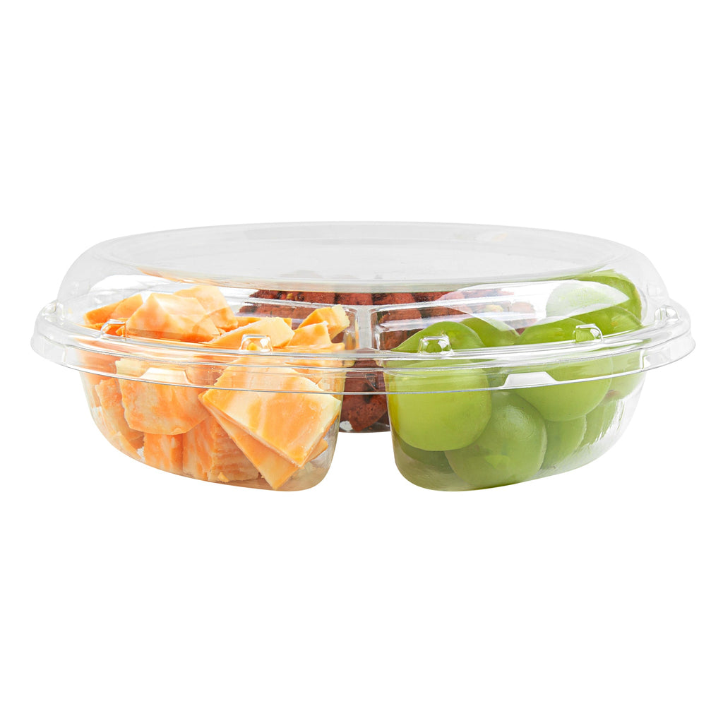 Thermo Tek Round Clear Plastic Serving Platter - with Lid, 3 Compartments - 7 1/2" x 7 1/2" x 2 1/2" - 100 count box