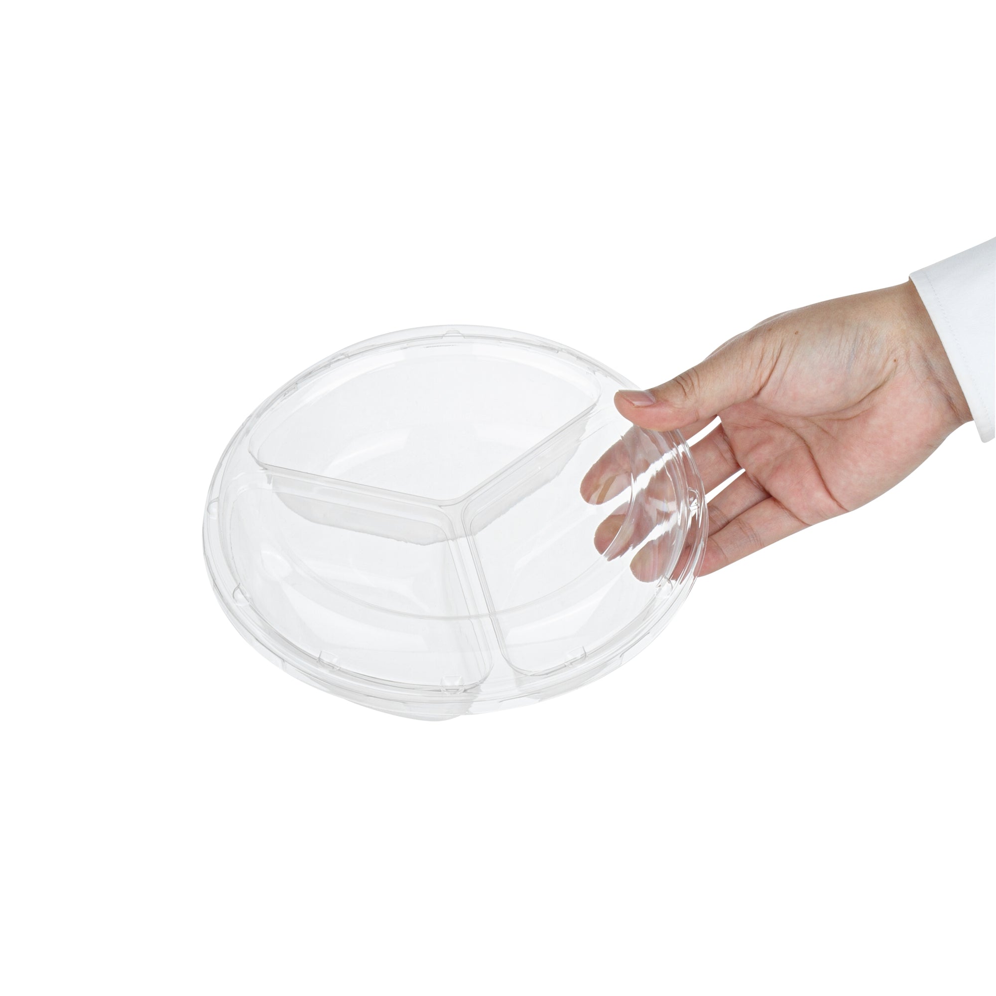 Thermo Tek Round Clear Plastic Serving Platter - with Lid, 3 Compartments - 7 1/2" x 7 1/2" x 2 1/2" - 100 count box