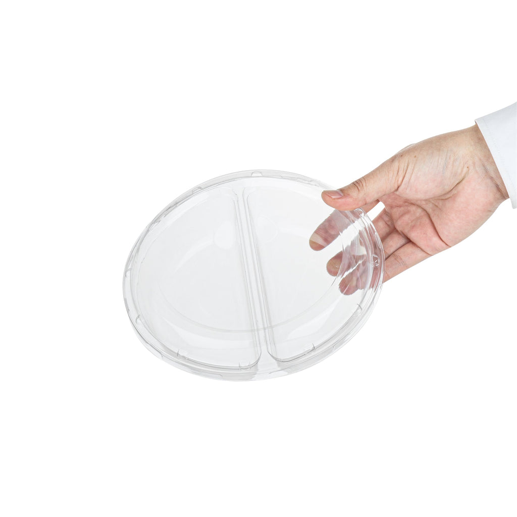 Thermo Tek Round Clear Plastic Serving Platter - with Lid, 2 Compartments - 7 1/2" x 7 1/2" x 2 1/2" - 100 count box
