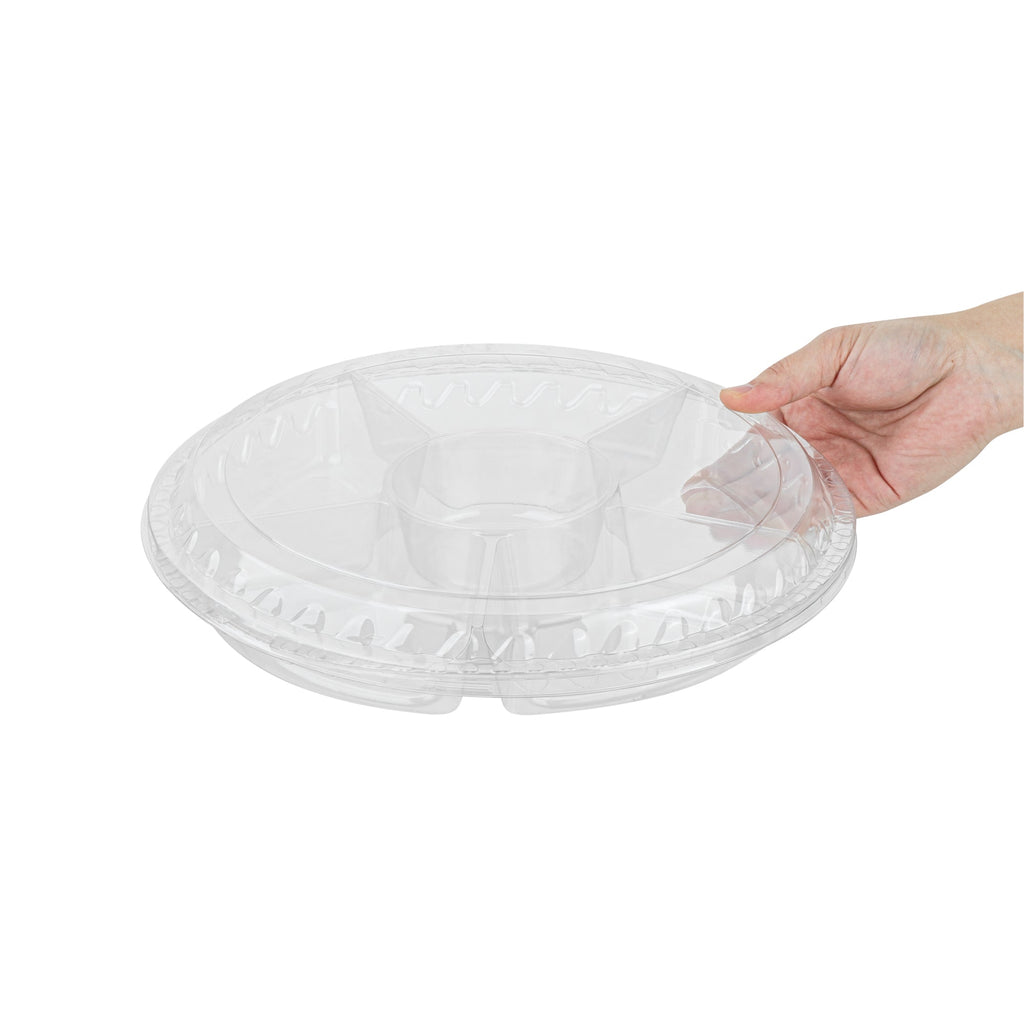 Thermo Tek Round Clear Plastic Serving Platter - with Lid, 6 Compartments - 11 3/4" x 11 3/4" x 2" - 100 count box