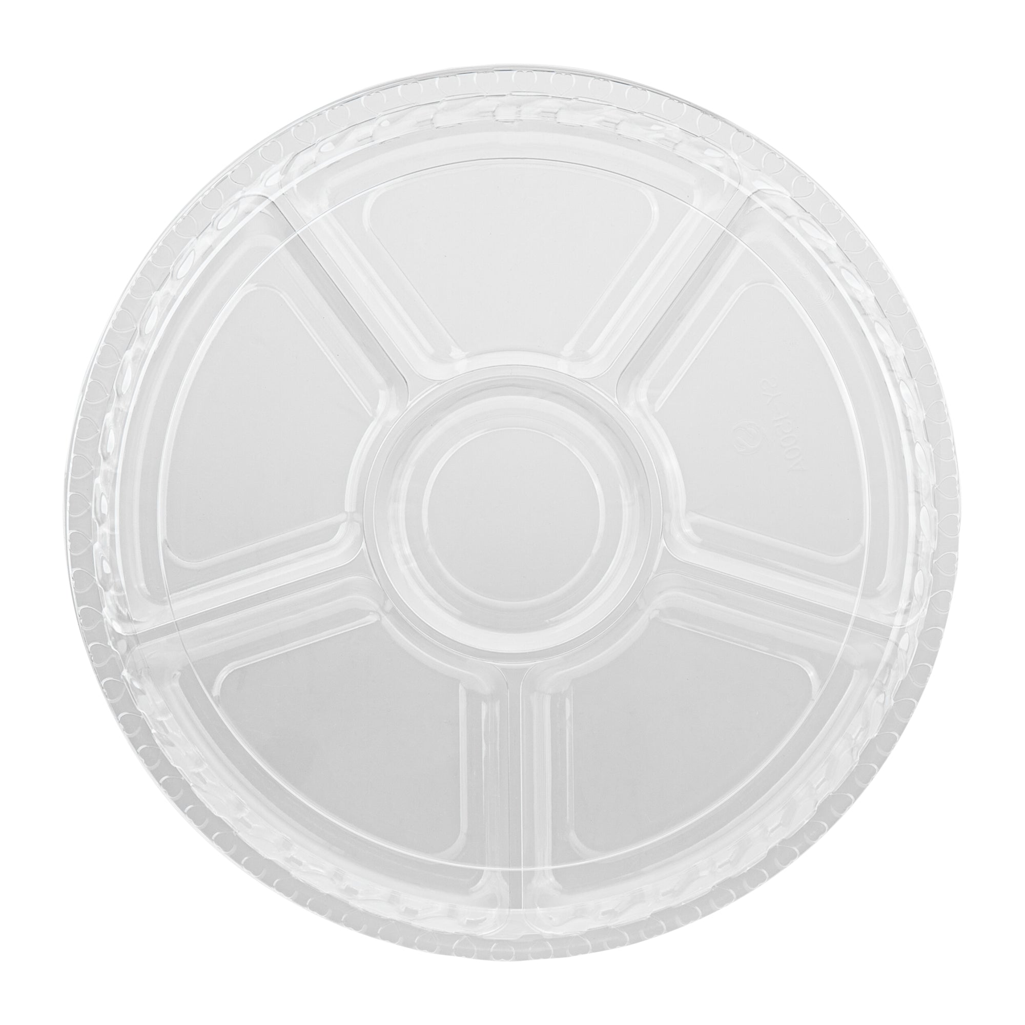 Thermo Tek Round Clear Plastic Serving Platter - with Lid, 6 Compartments - 11 3/4" x 11 3/4" x 2" - 100 count box