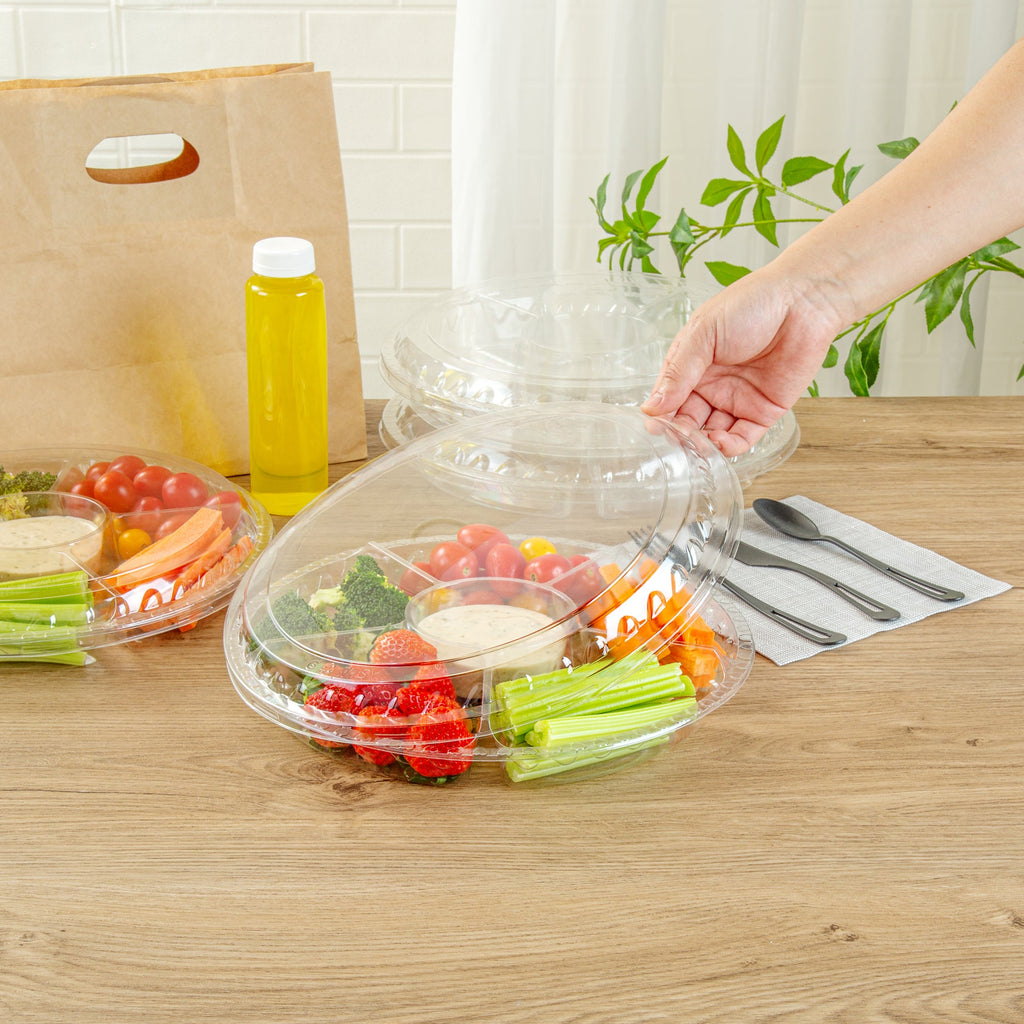 Thermo Tek Round Clear Plastic Serving Platter - with Lid, 6 Compartments - 11 3/4" x 11 3/4" x 2" - 100 count box