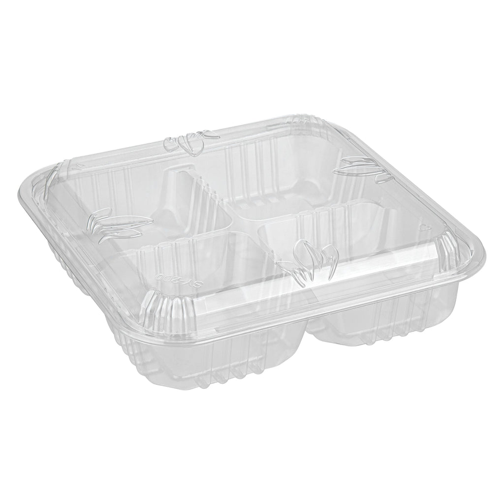 Thermo Tek Square Clear Plastic Serving Platter - with Lid, 4 Compartments - 8 1/4" x 8 1/4" x 2 1/4" - 100 count box