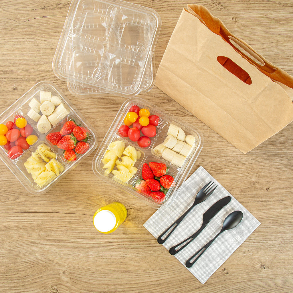 Thermo Tek Square Clear Plastic Serving Platter - with Lid, 4 Compartments - 8 1/4" x 8 1/4" x 2 1/4" - 100 count box