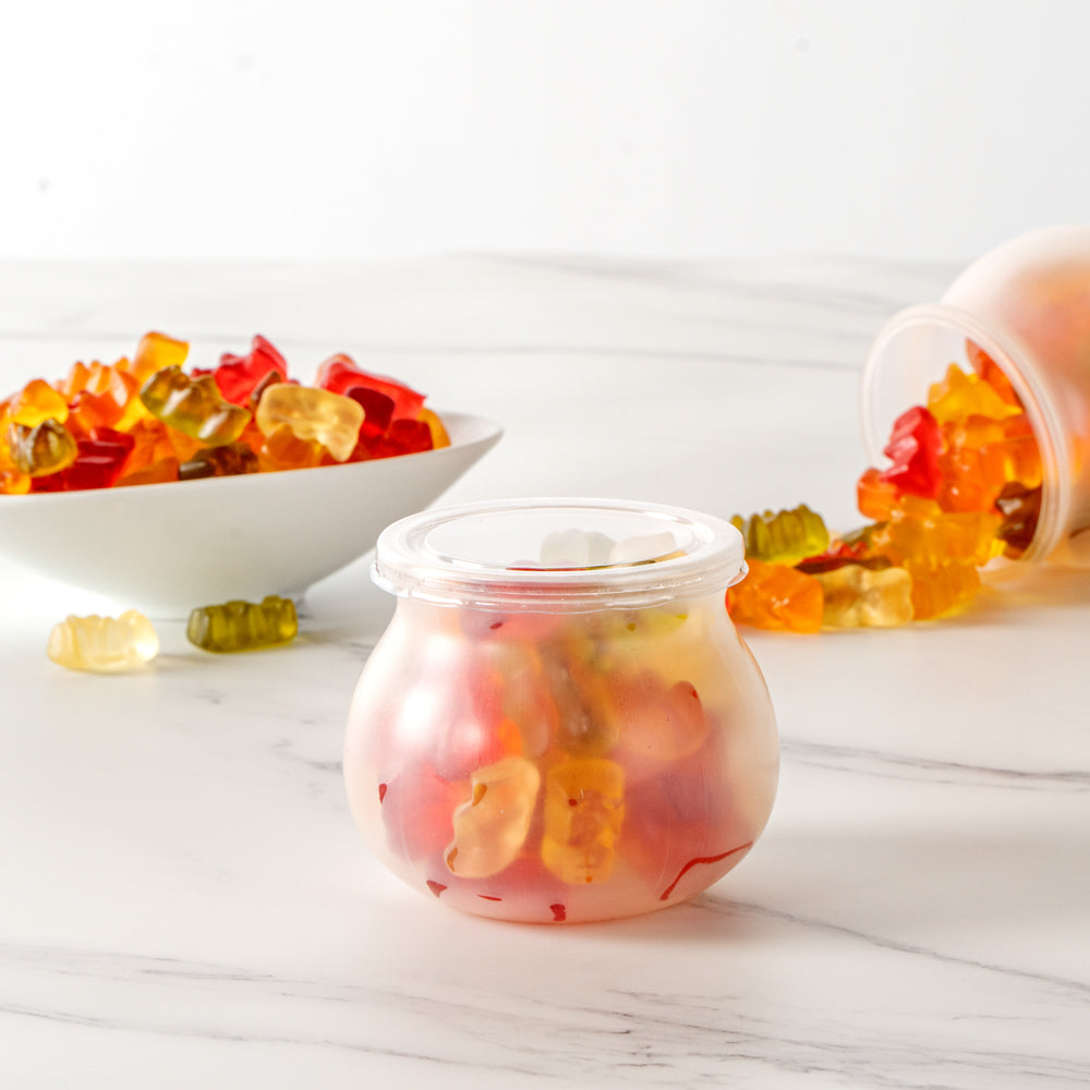 Mini Serve 4 oz Frosted Plastic Bulbous Candy Jar - with Lid - 2 1/2" x 2 1/2" x 2 1/2" - 100 count box