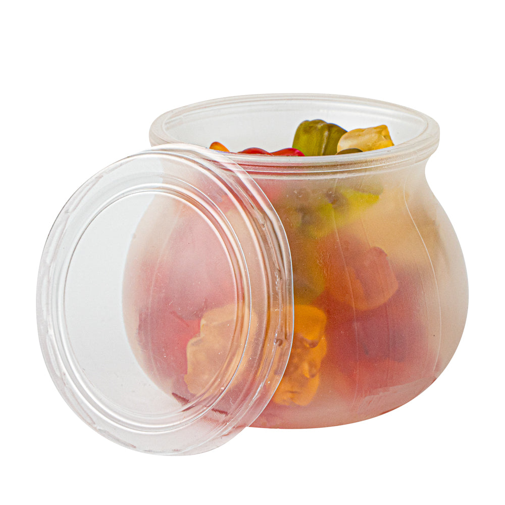 Mini Serve 4 oz Frosted Plastic Bulbous Candy Jar - with Lid - 2 1/2" x 2 1/2" x 2 1/2" - 100 count box