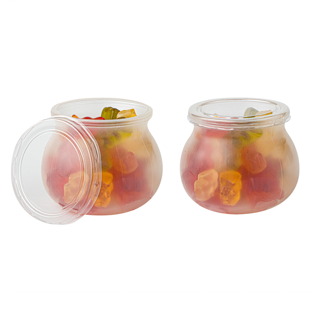 Mini Serve 4 oz Frosted Plastic Bulbous Candy Jar - with Lid - 2 1/2" x 2 1/2" x 2 1/2" - 100 count box