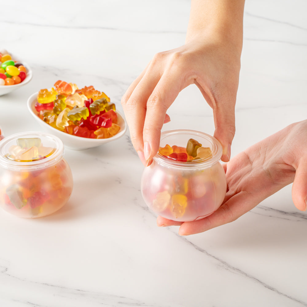 Mini Serve 4 oz Frosted Plastic Bulbous Candy Jar - with Lid - 2 1/2" x 2 1/2" x 2 1/2" - 100 count box