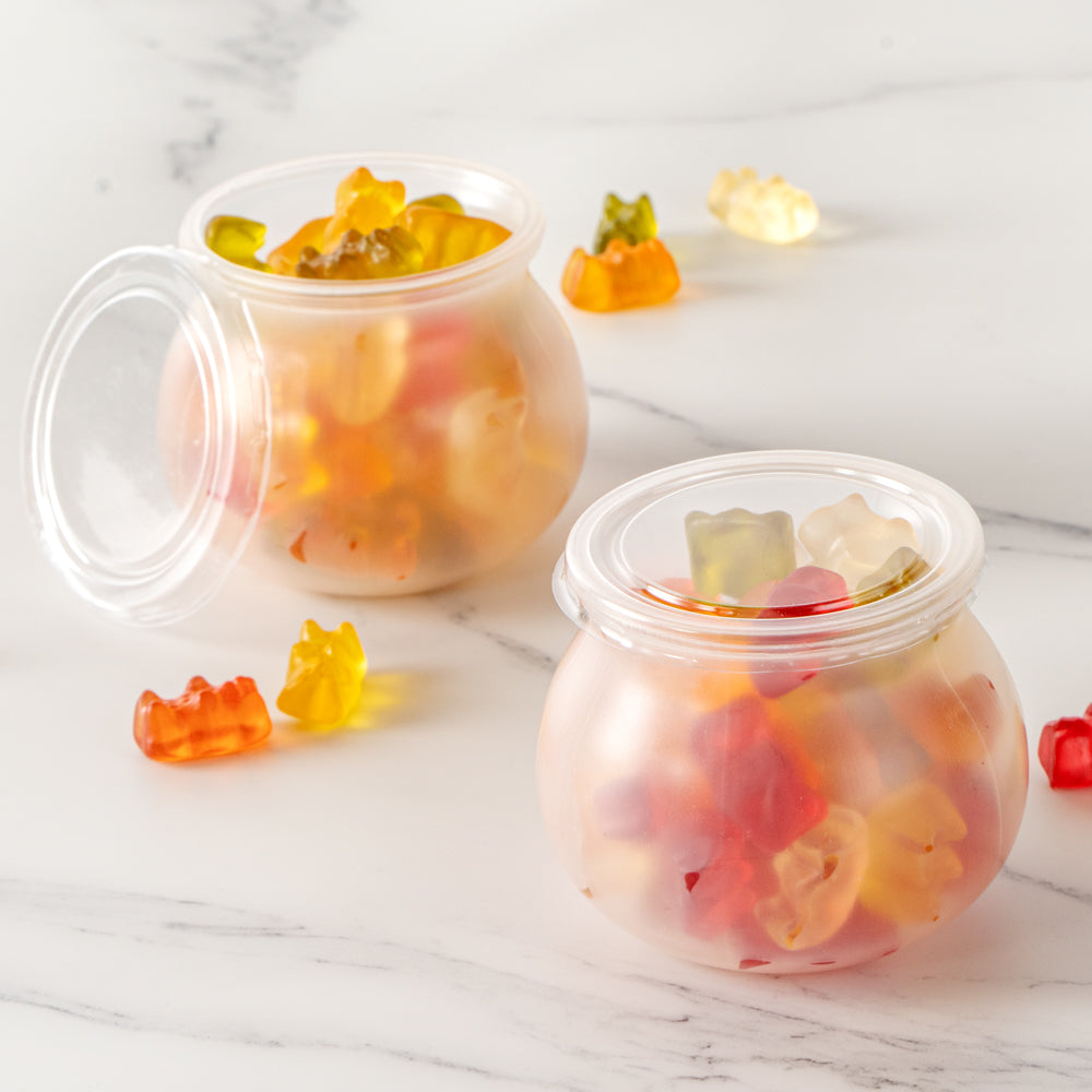 Mini Serve 4 oz Frosted Plastic Bulbous Candy Jar - with Lid - 2 1/2" x 2 1/2" x 2 1/2" - 100 count box