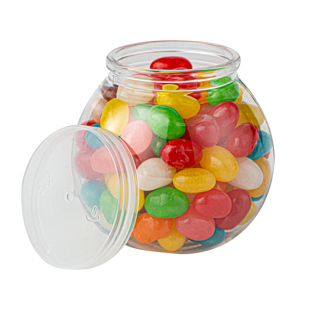 Mini Serve 3 oz Clear Plastic Bulbous Candy Jar - with Lid - 1 3/4" x 1 3/4" x 2 1/2" - 100 count box