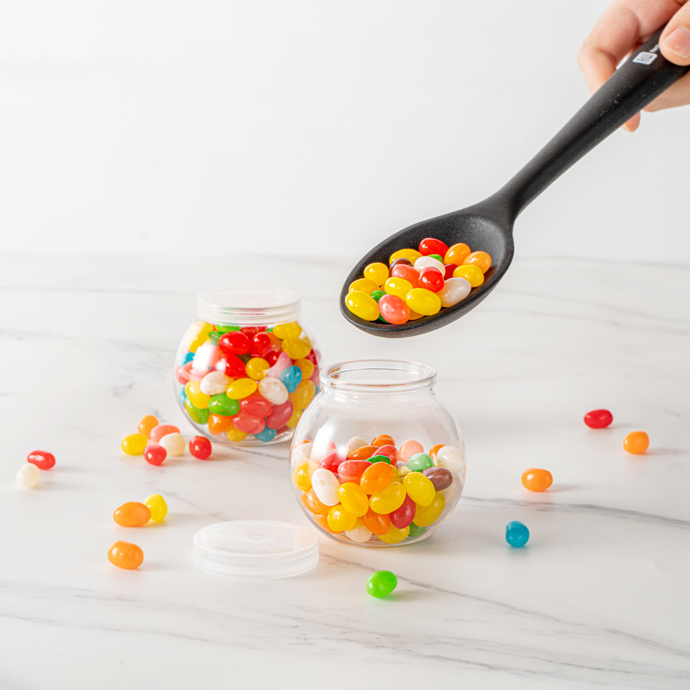 Mini Serve 3 oz Clear Plastic Bulbous Candy Jar - with Lid - 1 3/4" x 1 3/4" x 2 1/2" - 100 count box