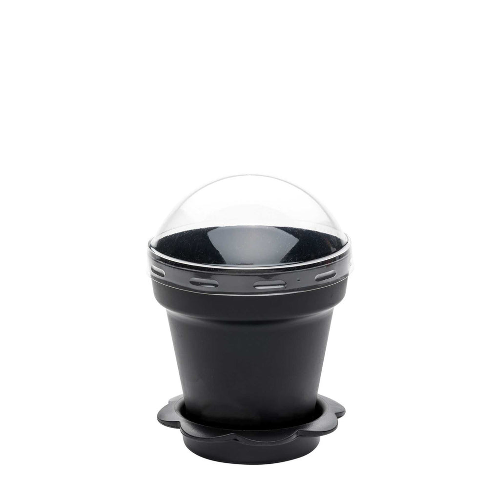 Mini Serve 6 oz Black Plastic Mini Flower Pot Cup - with Lid - 3" x 3" x 3" - 100 count box