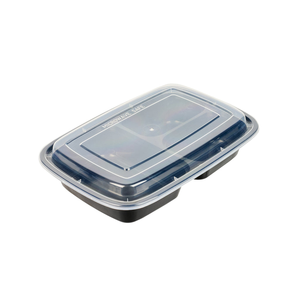 Asporto 26 oz Black Plastic 3 Compartment Food Container - with Clear Lid, Microwavable - 8 3/4" x 6" x 1 3/4" - 100 count box