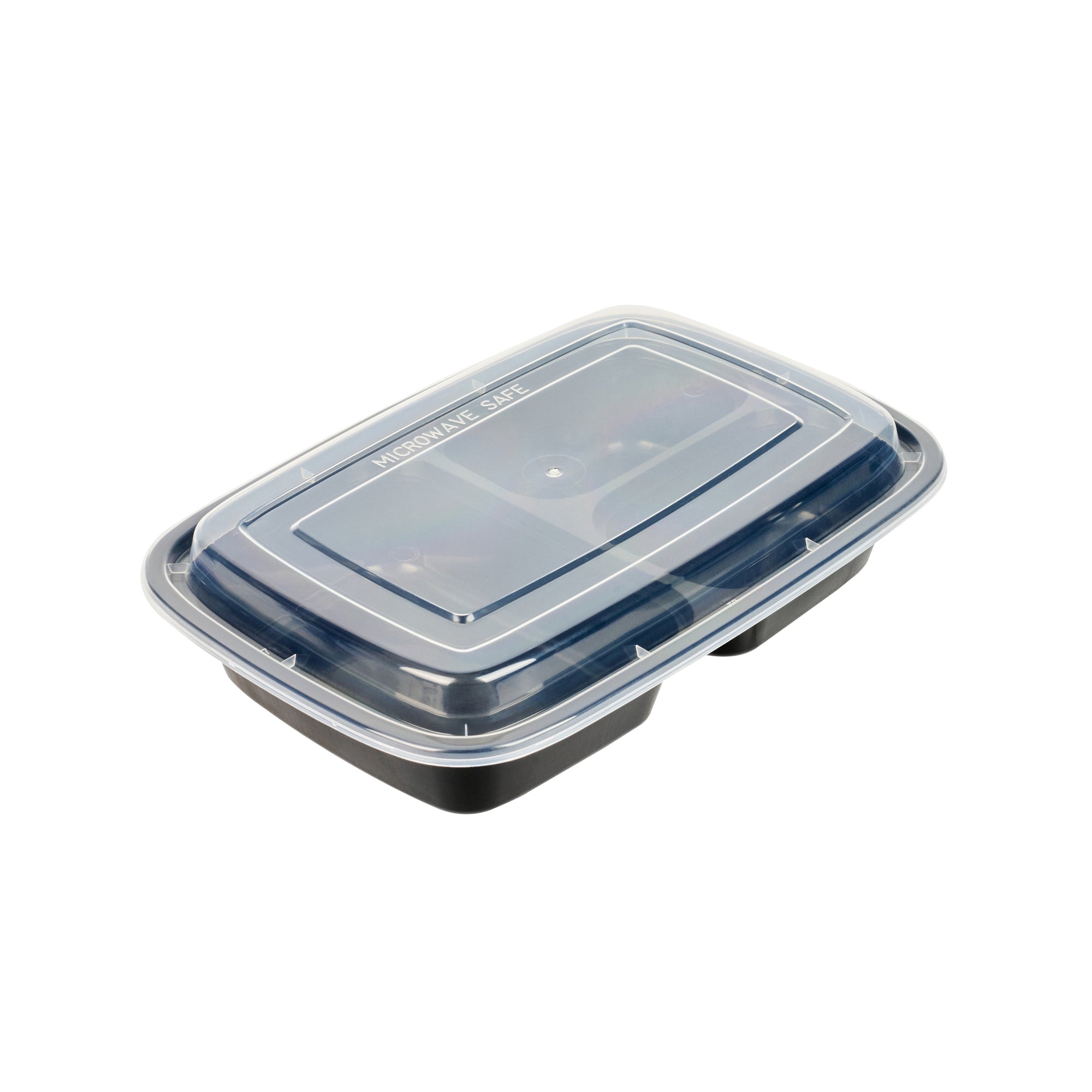 Asporto 26 oz Black Plastic 3 Compartment Food Container - with Clear Lid, Microwavable - 8 3/4" x 6" x 1 3/4" - 50 count box