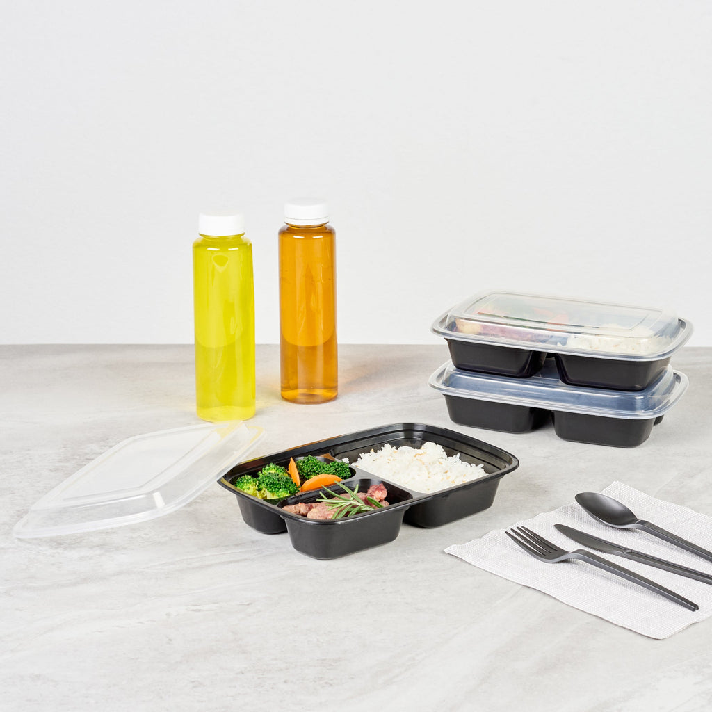 Asporto 26 oz Black Plastic 3 Compartment Food Container - with Clear Lid, Microwavable - 8 3/4" x 6" x 1 3/4" - 50 count box