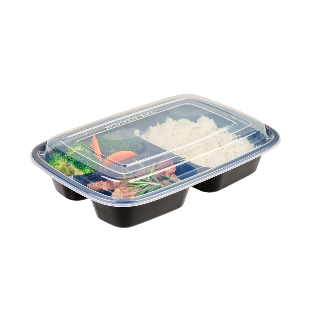 Asporto 26 oz Black Plastic 3 Compartment Food Container - with Clear Lid, Microwavable - 8 3/4" x 6" x 1 3/4" - 50 count box