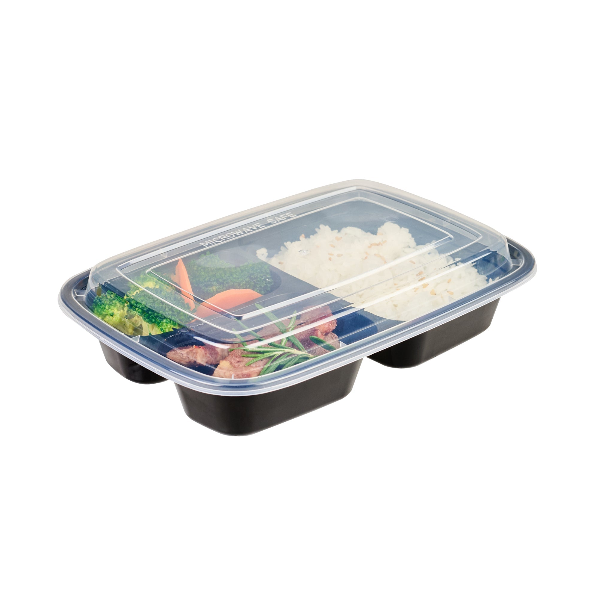 Asporto 26 oz Black Plastic 3 Compartment Food Container - with Clear Lid, Microwavable - 8 3/4" x 6" x 1 3/4" - 50 count box