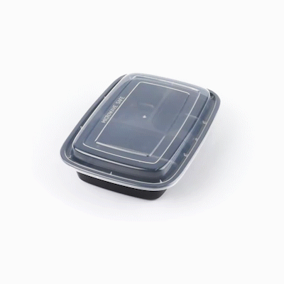 Asporto 26 oz Black Plastic 3 Compartment Food Container - with Clear Lid, Microwavable - 8 3/4" x 6" x 1 3/4" - 50 count box