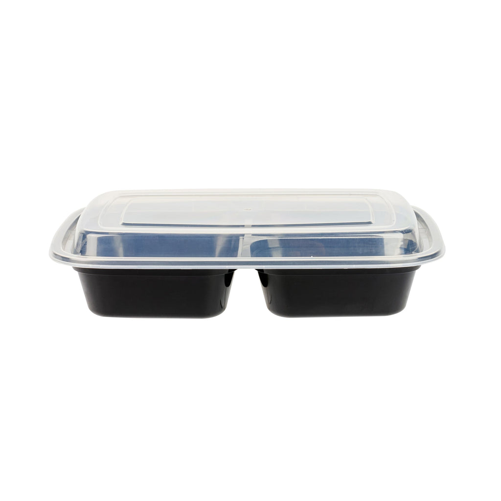 Asporto 26 oz Black Plastic 3 Compartment Food Container - with Clear Lid, Microwavable - 8 3/4" x 6" x 1 3/4" - 50 count box