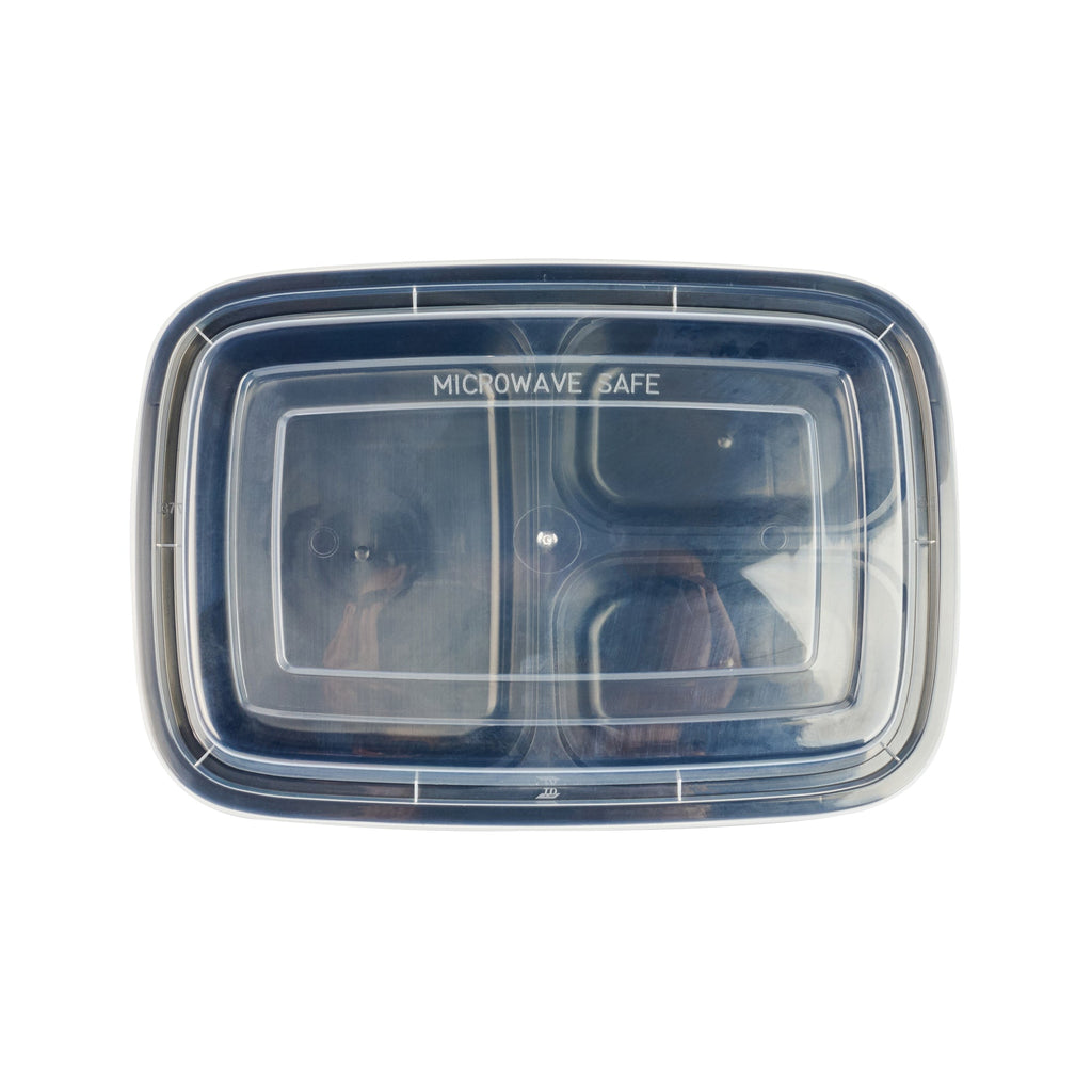 Asporto 26 oz Black Plastic 3 Compartment Food Container - with Clear Lid, Microwavable - 8 3/4" x 6" x 1 3/4" - 50 count box