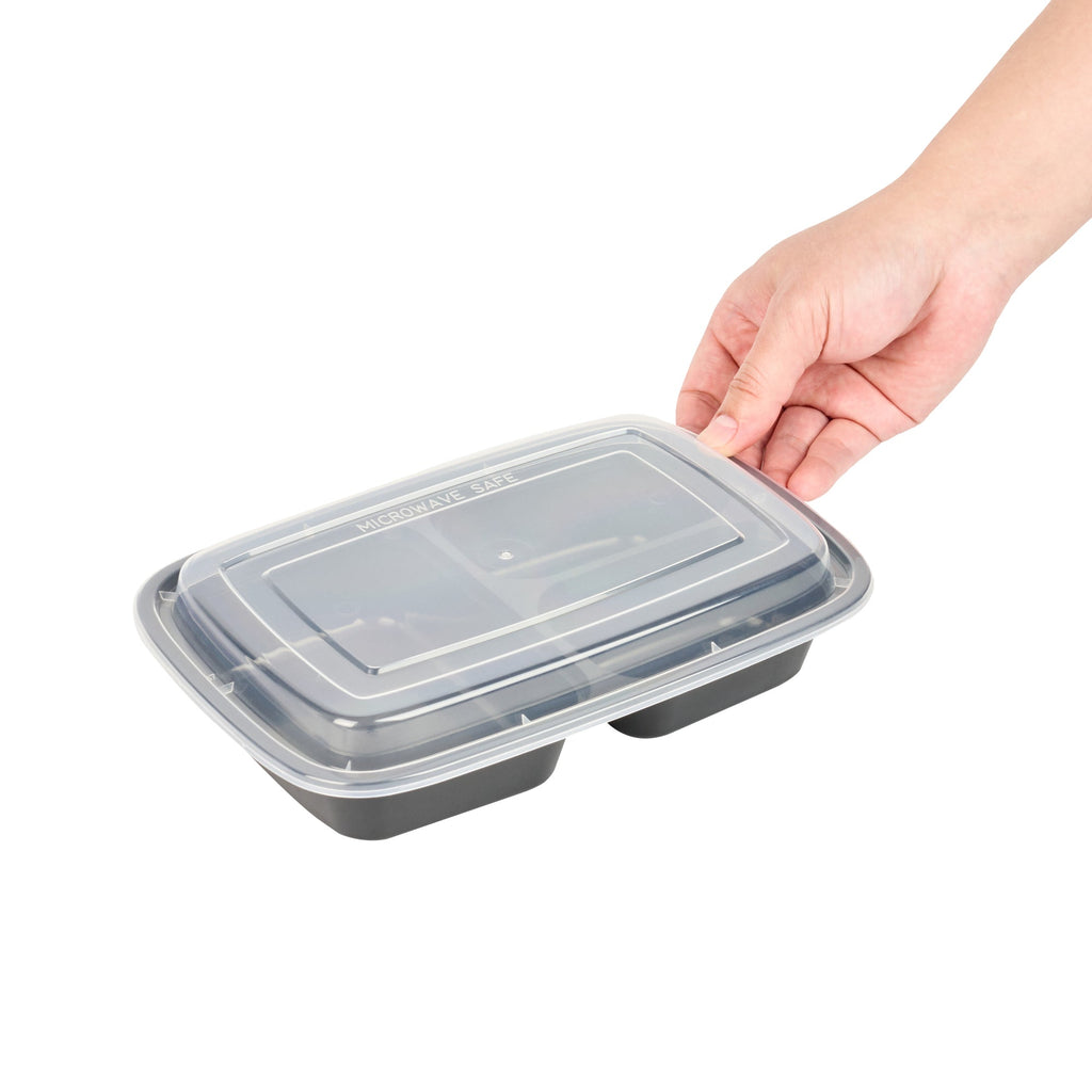 Asporto 26 oz Black Plastic 3 Compartment Food Container - with Clear Lid, Microwavable - 8 3/4" x 6" x 1 3/4" - 100 count box