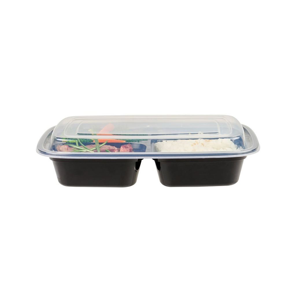 Asporto 26 oz Black Plastic 3 Compartment Food Container - with Clear Lid, Microwavable - 8 3/4" x 6" x 1 3/4" - 100 count box