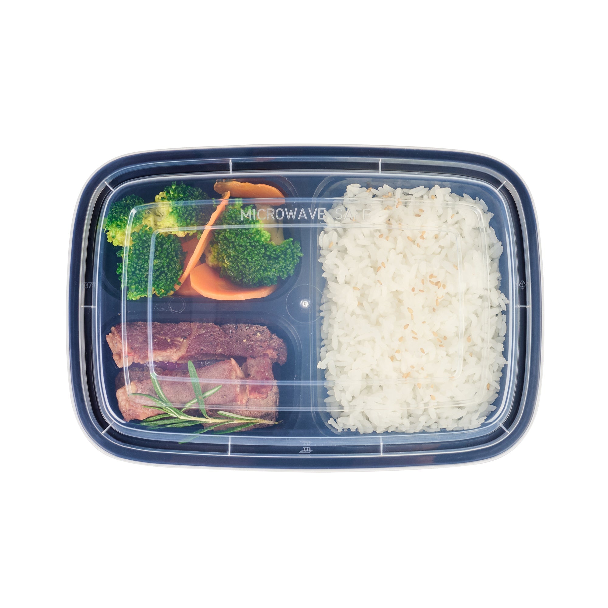 Asporto 26 oz Black Plastic 3 Compartment Food Container - with Clear Lid, Microwavable - 8 3/4" x 6" x 1 3/4" - 100 count box
