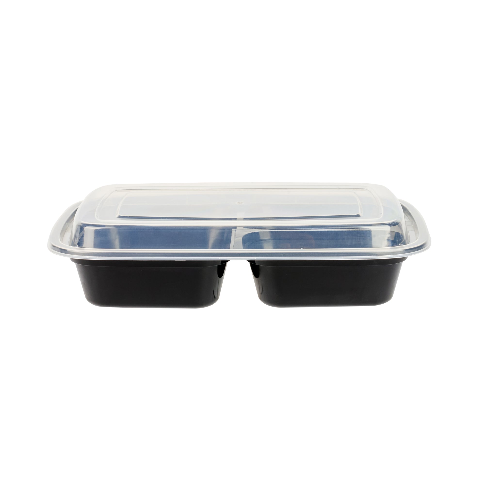 Asporto 26 oz Black Plastic 3 Compartment Food Container - with Clear Lid, Microwavable - 8 3/4" x 6" x 1 3/4" - 100 count box