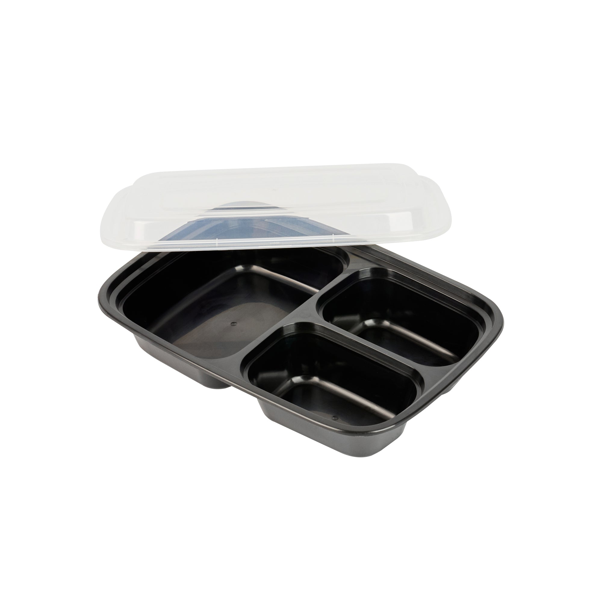 Asporto 26 oz Black Plastic 3 Compartment Food Container - with Clear Lid, Microwavable - 8 3/4" x 6" x 1 3/4" - 100 count box