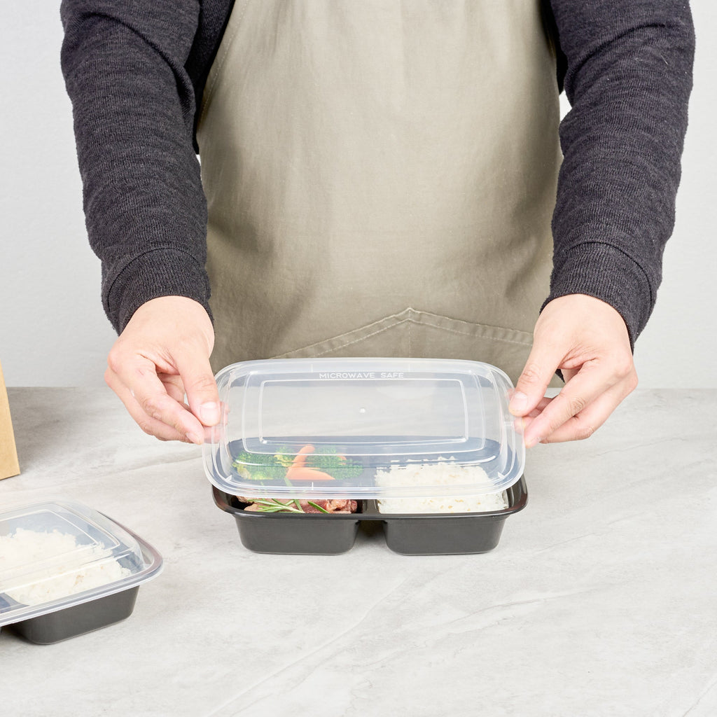 Asporto 26 oz Black Plastic 3 Compartment Food Container - with Clear Lid, Microwavable - 8 3/4" x 6" x 1 3/4" - 100 count box