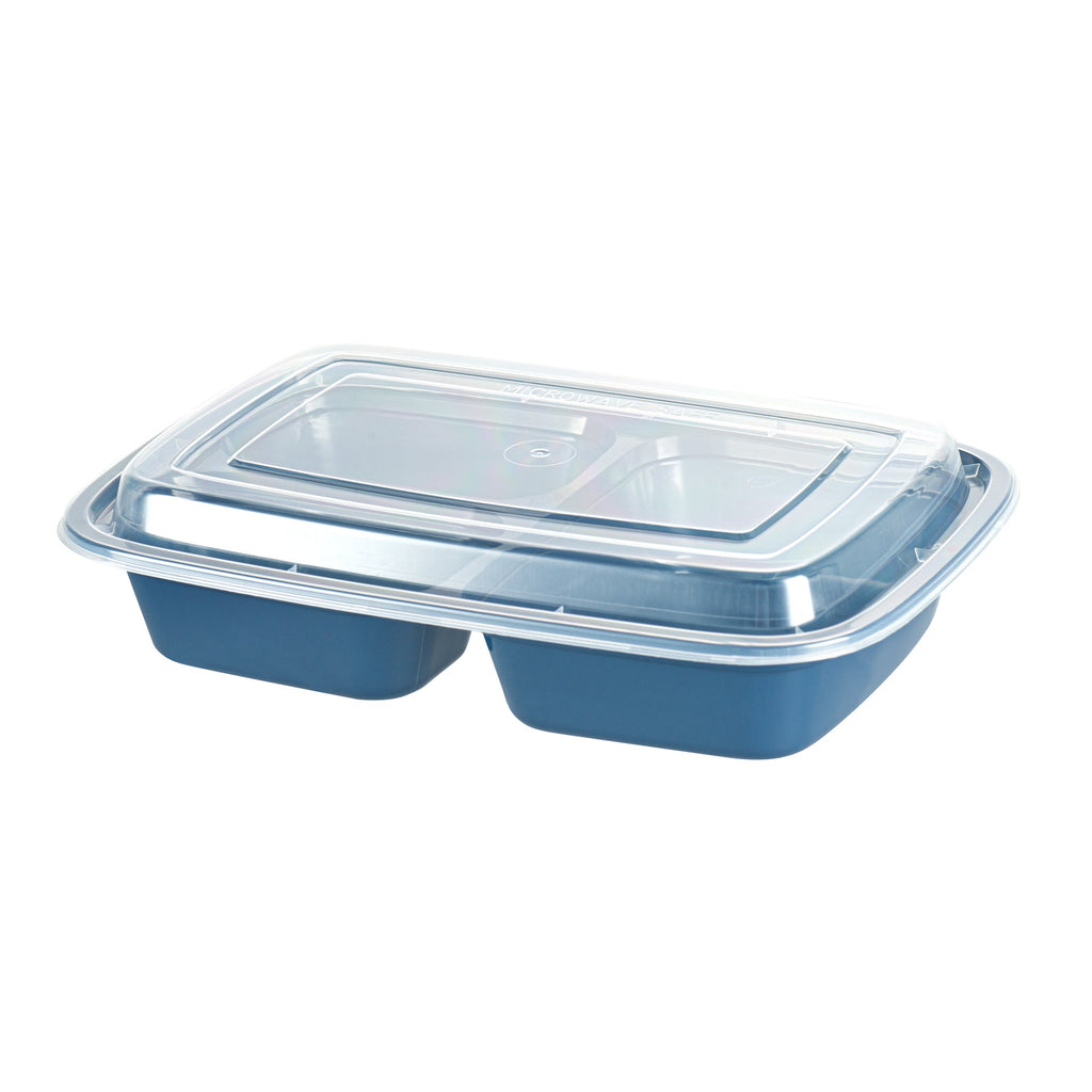 Asporto 26 oz Midnight Blue Plastic 3 Compartment Food Container - with Clear Lid, Microwavable - 8 3/4" x 6" x 1 3/4" - 100 count box