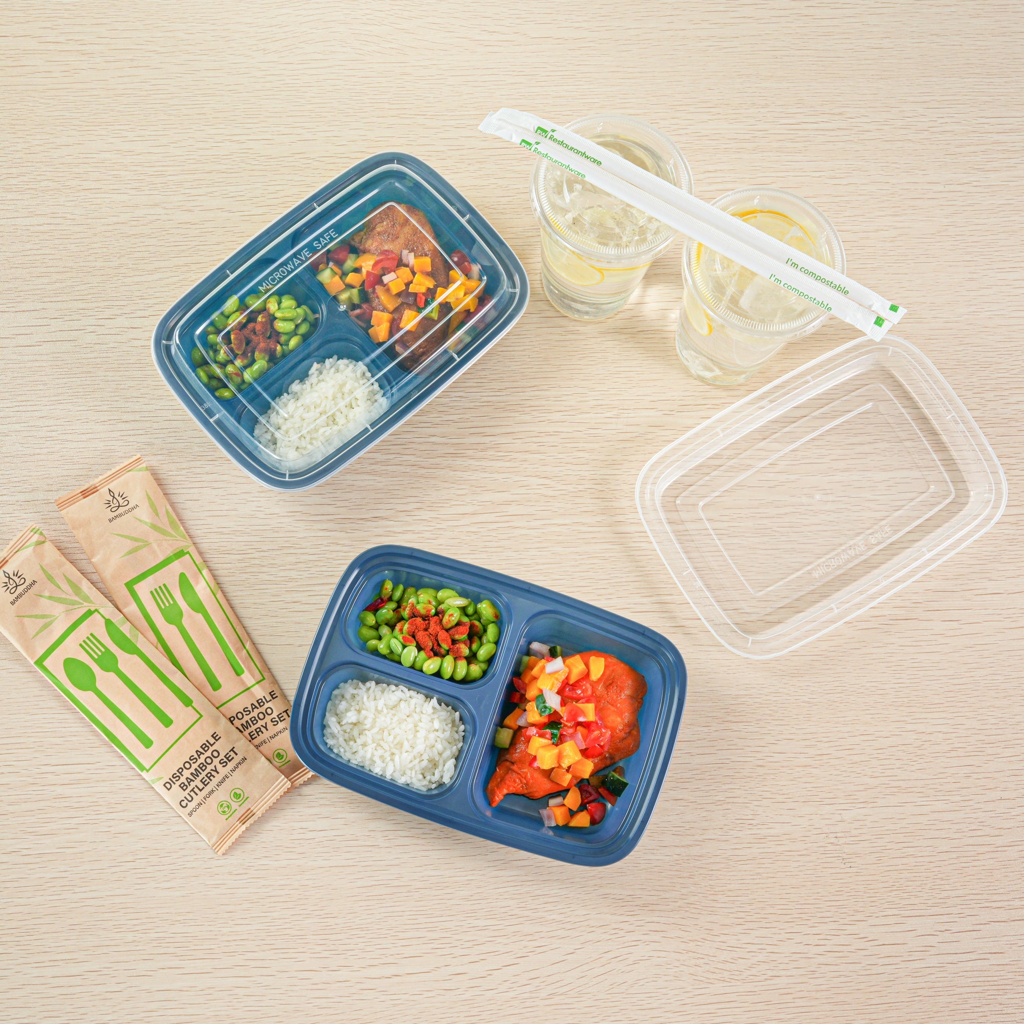 Asporto 26 oz Midnight Blue Plastic 3 Compartment Food Container - with Clear Lid, Microwavable - 8 3/4" x 6" x 1 3/4" - 100 count box