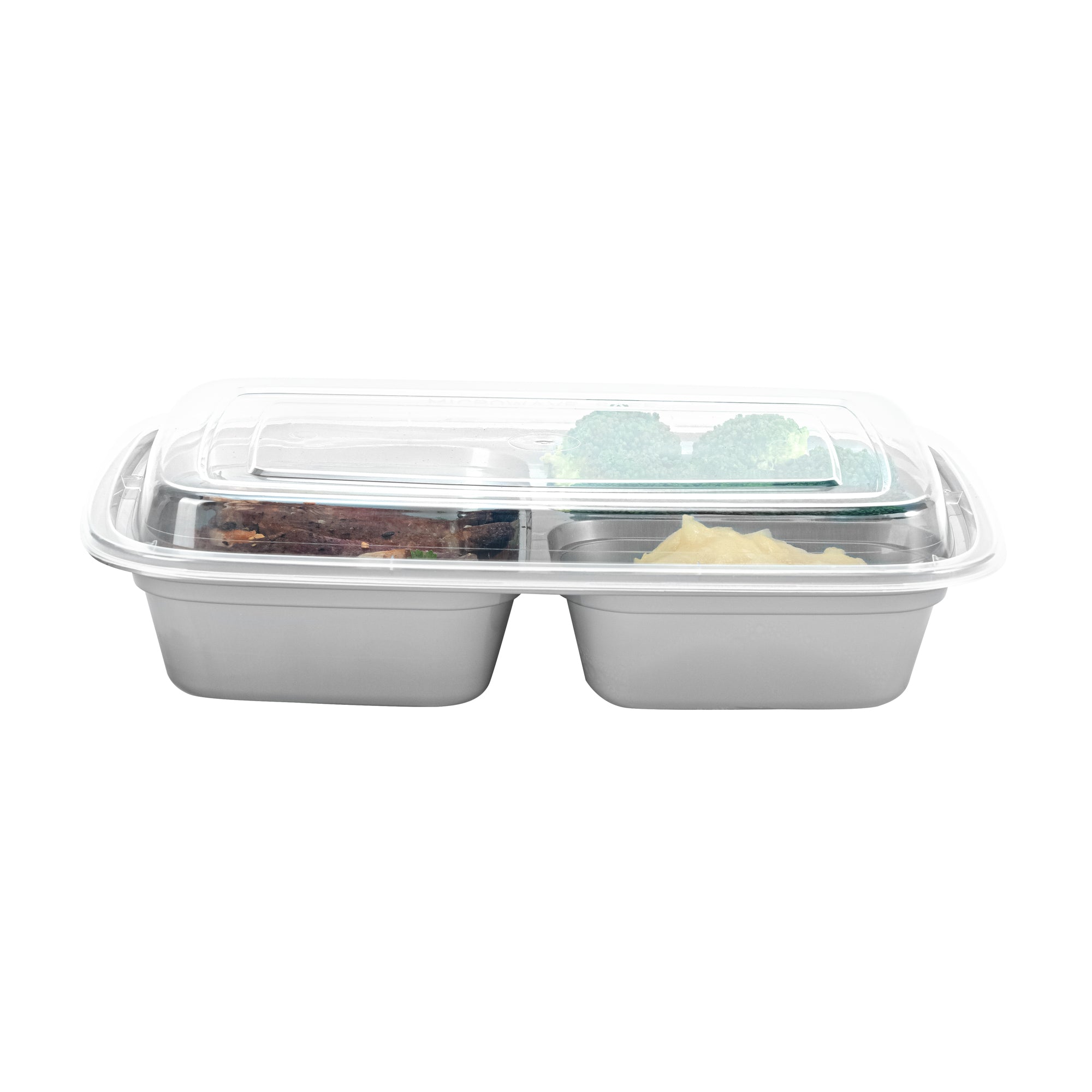 Asporto 26 oz Silver Plastic 3 Compartment Food Container - with Clear Lid, Microwavable - 8 3/4" x 6" x 1 3/4" - 100 count box