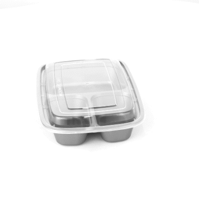 Asporto 26 oz Silver Plastic 3 Compartment Food Container - with Clear Lid, Microwavable - 8 3/4" x 6" x 1 3/4" - 100 count box