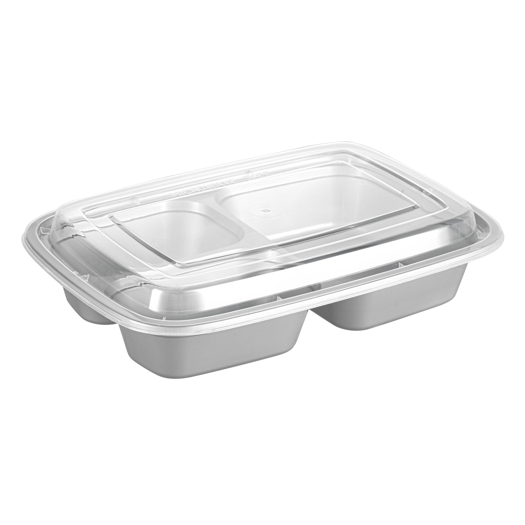 Asporto 26 oz Silver Plastic 3 Compartment Food Container - with Clear Lid, Microwavable - 8 3/4" x 6" x 1 3/4" - 100 count box