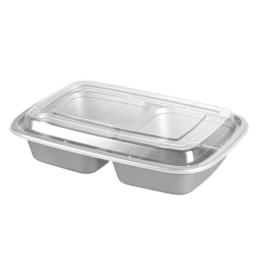 Asporto 26 oz Silver Plastic 3 Compartment Food Container - with Clear Lid, Microwavable - 8 3/4" x 6" x 1 3/4" - 100 count box