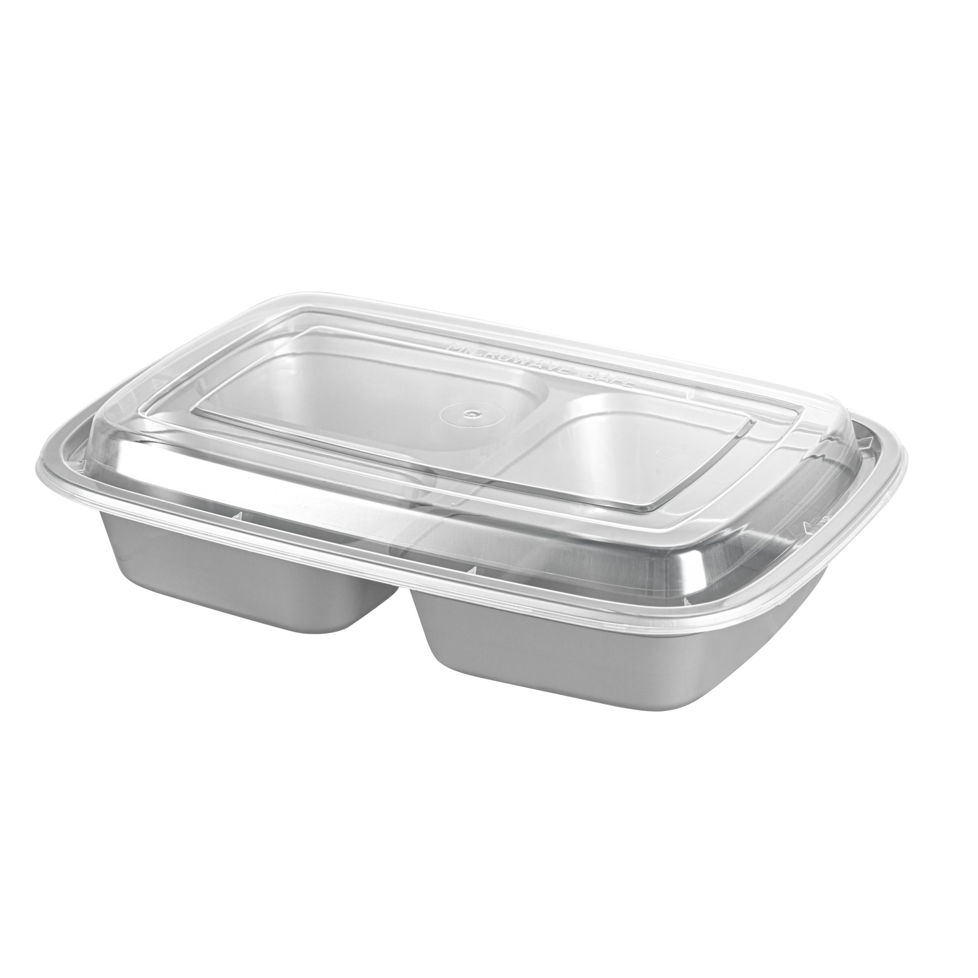 Asporto 26 oz Silver Plastic 3 Compartment Food Container - with Clear Lid, Microwavable - 8 3/4" x 6" x 1 3/4" - 100 count box