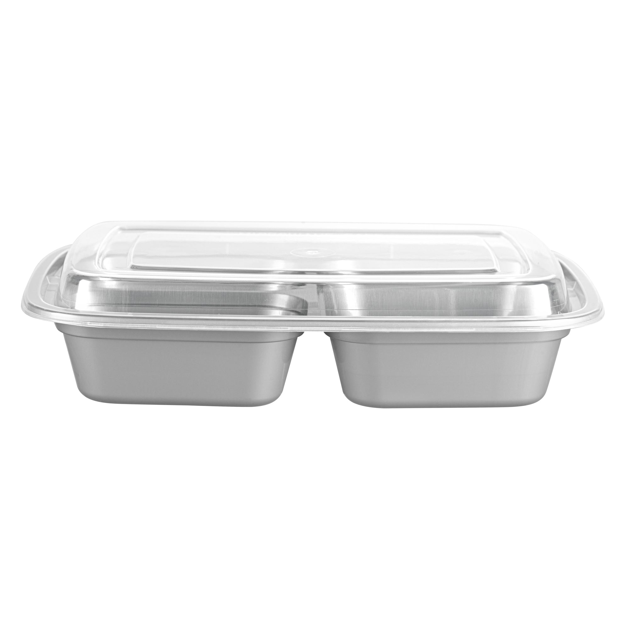 Asporto 26 oz Silver Plastic 3 Compartment Food Container - with Clear Lid, Microwavable - 8 3/4" x 6" x 1 3/4" - 100 count box