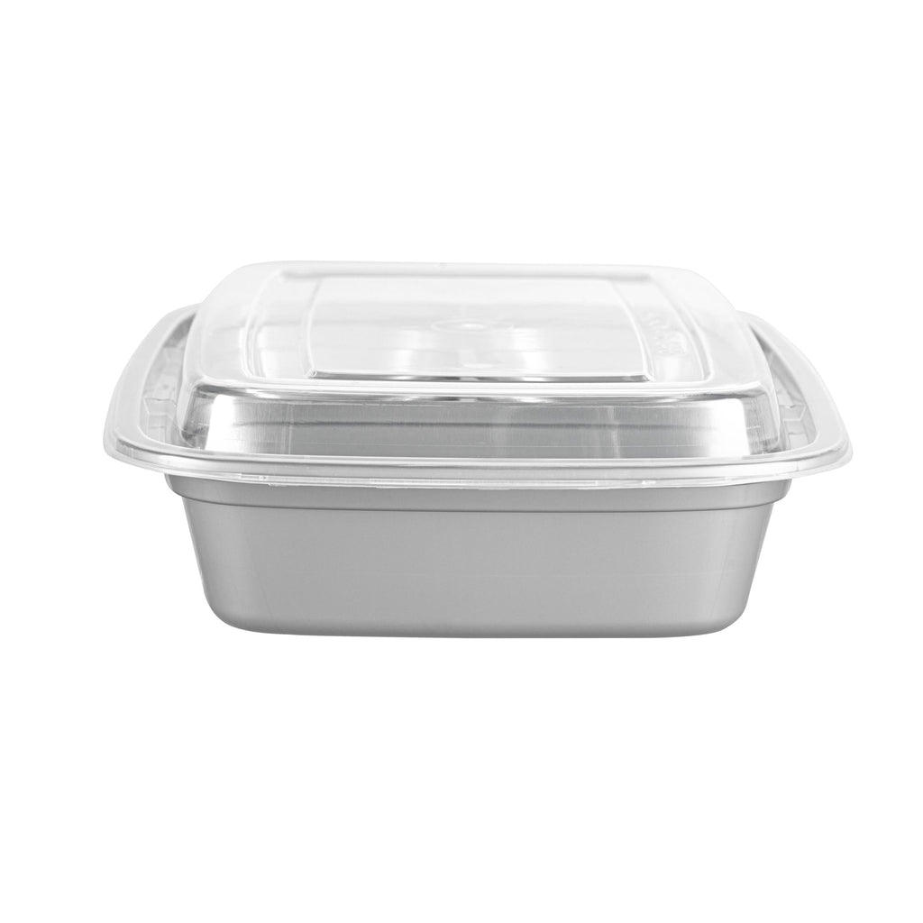 Asporto 26 oz Silver Plastic 3 Compartment Food Container - with Clear Lid, Microwavable - 8 3/4" x 6" x 1 3/4" - 100 count box