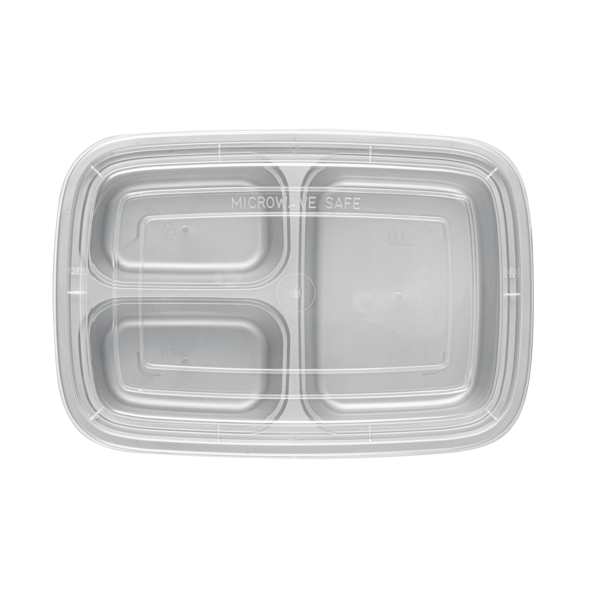Asporto 26 oz Silver Plastic 3 Compartment Food Container - with Clear Lid, Microwavable - 8 3/4" x 6" x 1 3/4" - 100 count box