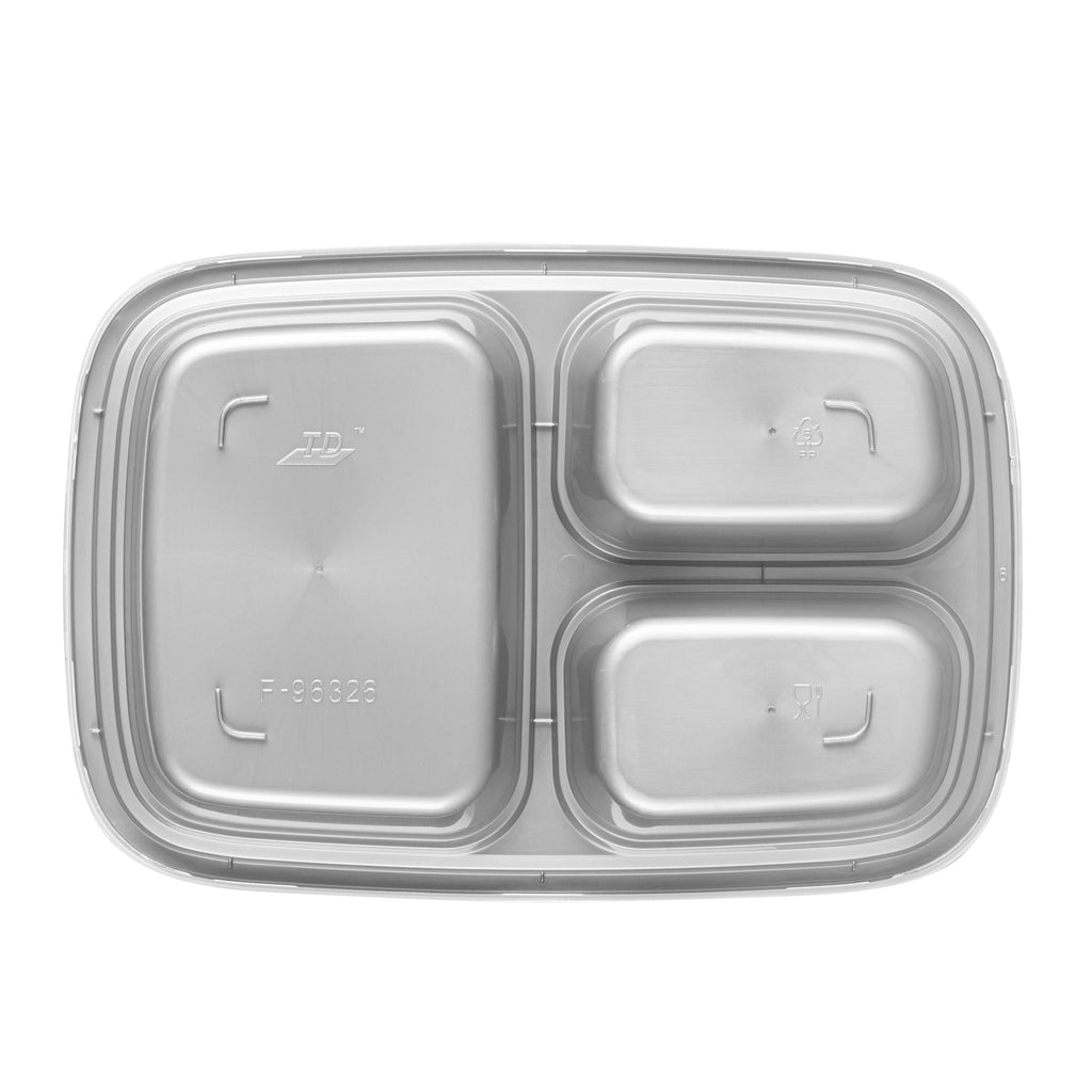 Asporto 26 oz Silver Plastic 3 Compartment Food Container - with Clear Lid, Microwavable - 8 3/4" x 6" x 1 3/4" - 100 count box
