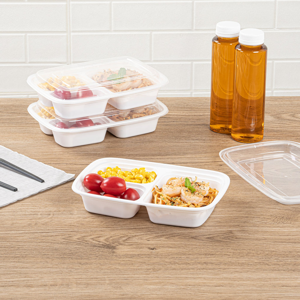Asporto 26 oz White Plastic 3 Compartment Food Container - with Clear Lid, Microwavable - 8 3/4" x 6" x 1 3/4" - 50 count box