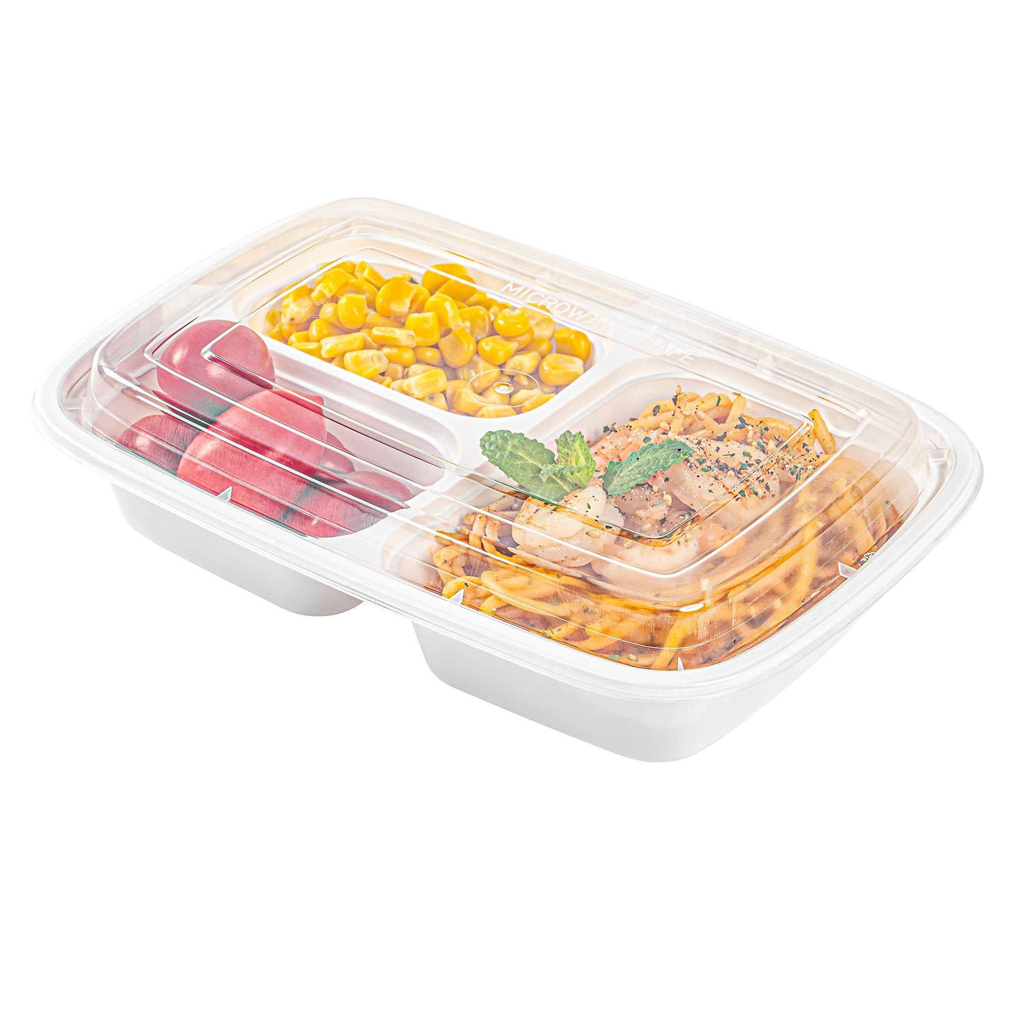 Asporto 26 oz White Plastic 3 Compartment Food Container - with Clear Lid, Microwavable - 8 3/4" x 6" x 1 3/4" - 50 count box
