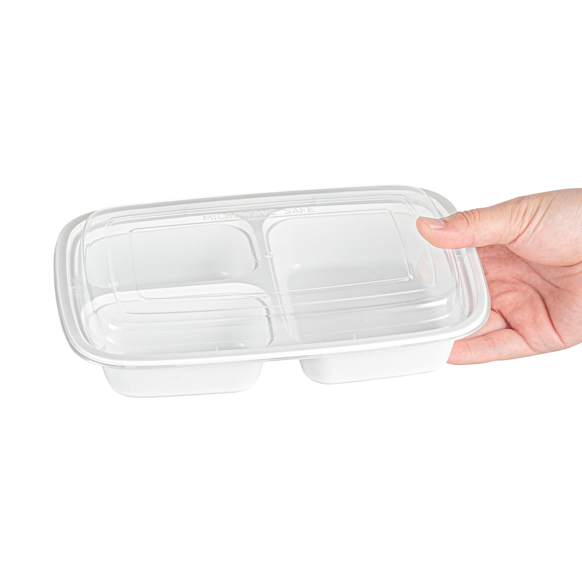Asporto 26 oz White Plastic 3 Compartment Food Container - with Clear Lid, Microwavable - 8 3/4" x 6" x 1 3/4" - 50 count box