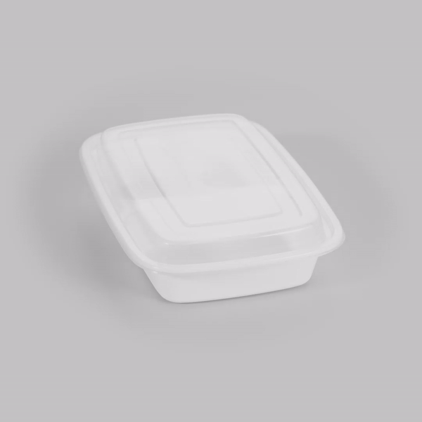 Asporto 26 oz White Plastic 3 Compartment Food Container - with Clear Lid, Microwavable - 8 3/4" x 6" x 1 3/4" - 50 count box