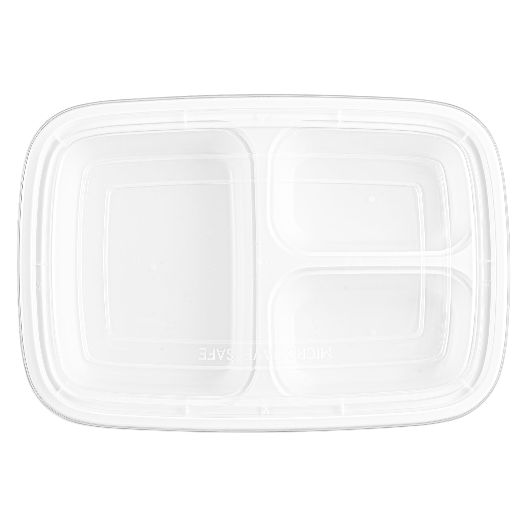 Asporto 26 oz White Plastic 3 Compartment Food Container - with Clear Lid, Microwavable - 8 3/4" x 6" x 1 3/4" - 50 count box