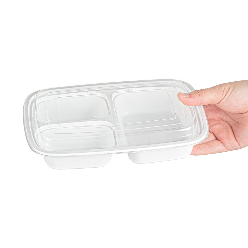 Asporto 26 oz White Plastic 3 Compartment Food Container - with Clear Lid, Microwavable - 8 3/4" x 6" x 1 3/4" - 100 count box