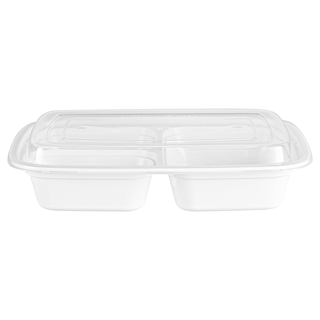Asporto 26 oz White Plastic 3 Compartment Food Container - with Clear Lid, Microwavable - 8 3/4" x 6" x 1 3/4" - 100 count box